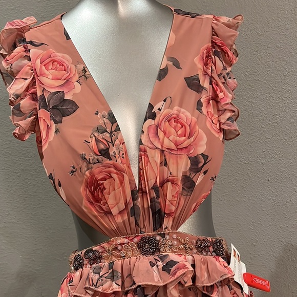 Mac Duggal RUFFLED CUT OUT CAP SLEEVE V NECK GOWN 9152 Rose Multicolor - Picture 6 of 17